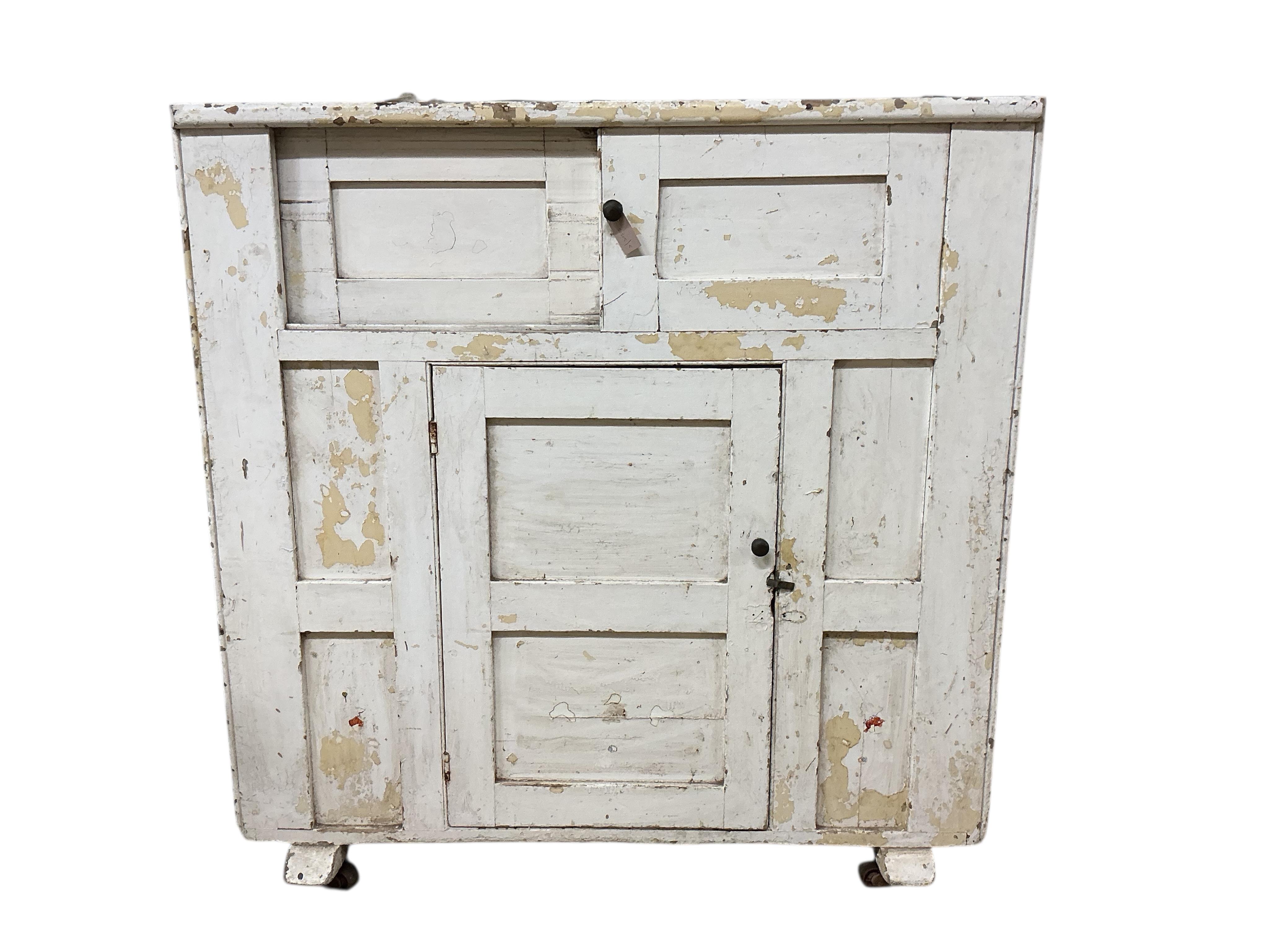 An early 19th century painted pine household proving cupboard, width 152cm, depth 51cm, height 155cm
